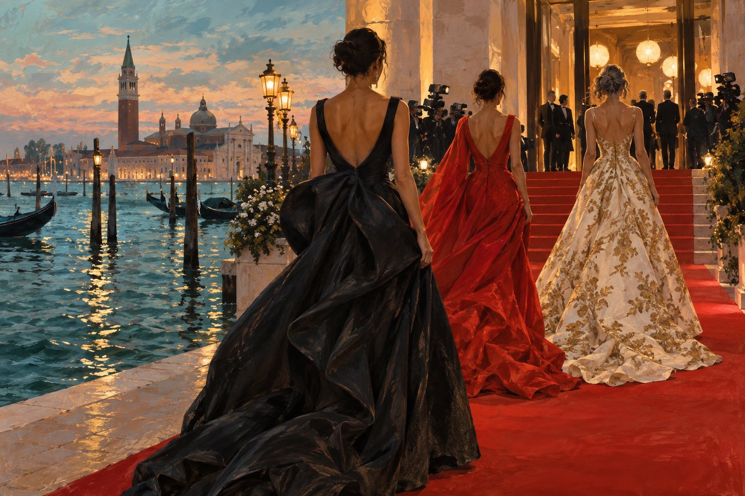 Conceptual illustration of three evening-gown silhouettes approaching a waterfront cinema on a Venetian red carpet.