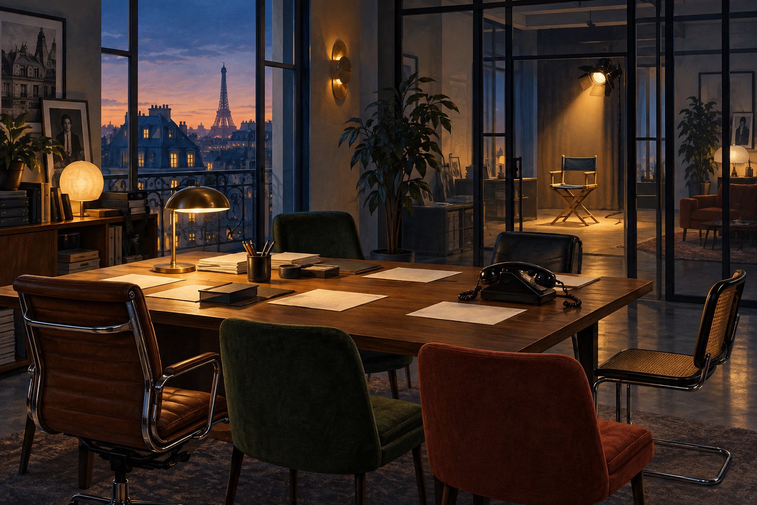 Conceptual illustration of an empty Parisian talent agency with a telephone, mismatched chairs, and a director’s chair illuminated beyond a glass partition.