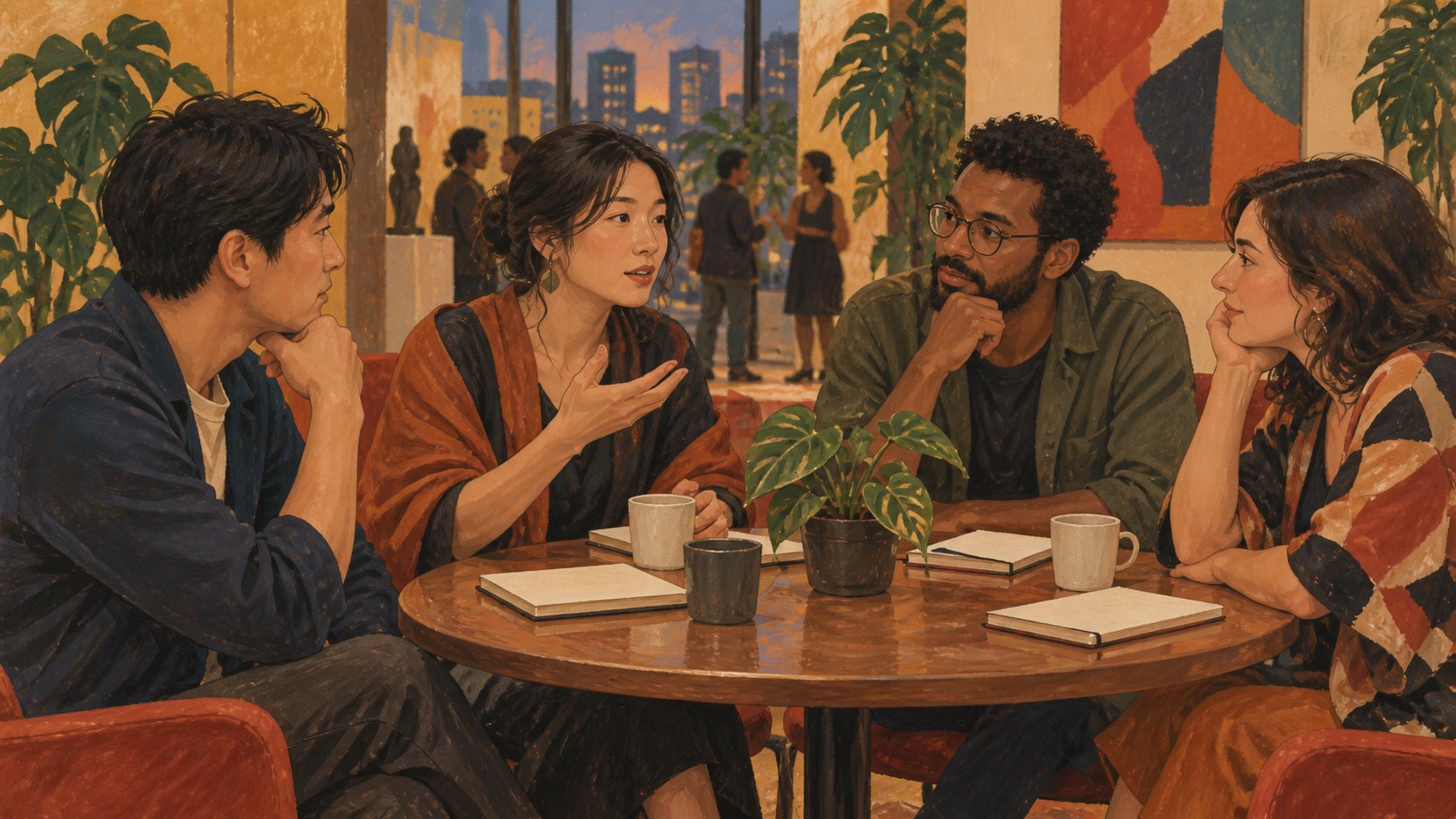 不同背景的觀眾圍桌分享觀影感受,為映後交流概念插畫,非活動現場