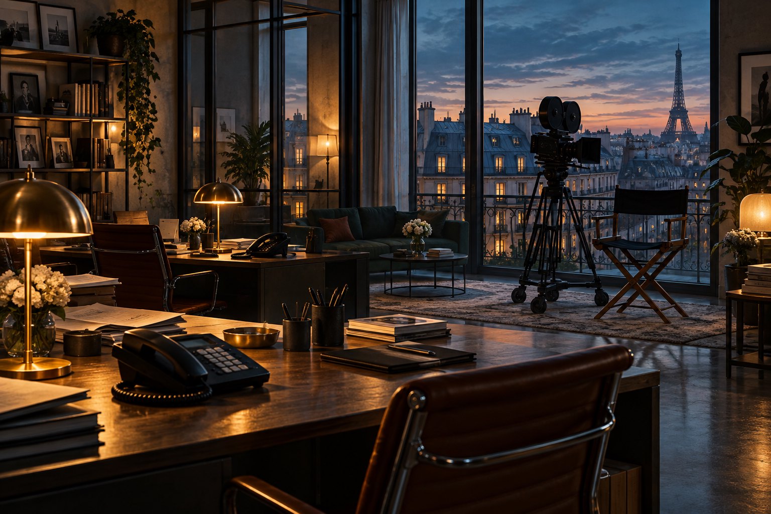 Conceptual illustration of an empty Parisian talent agency with telephones, a film camera, and a director’s chair at dusk.