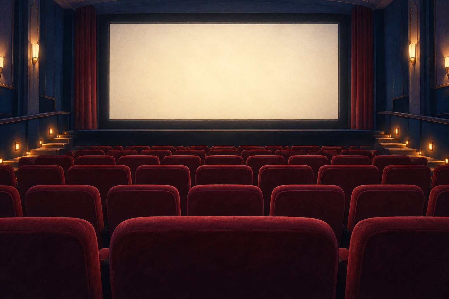 Conceptual illustration of an empty movie auditorium with burgundy seats, illuminated aisles, and a blank screen.