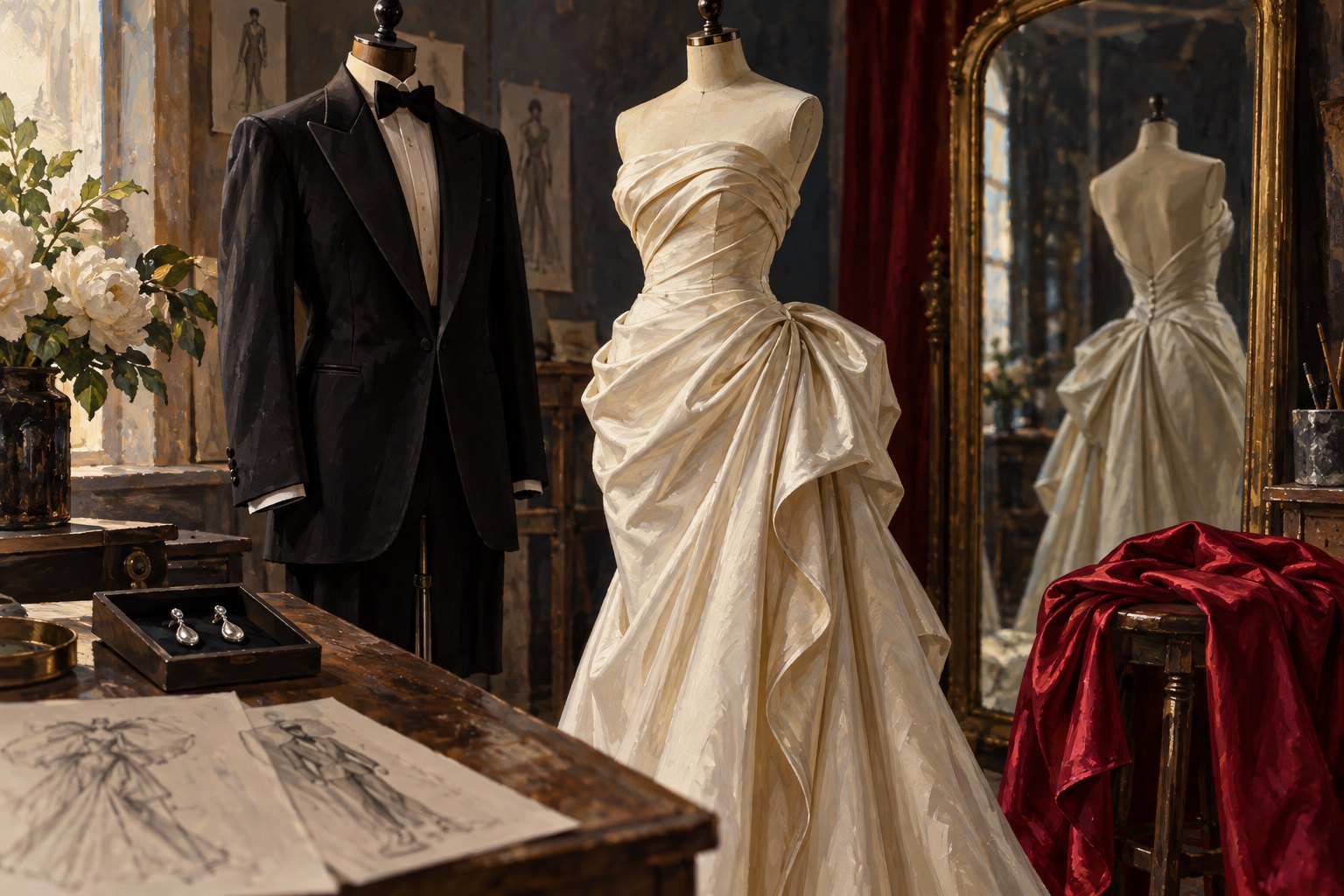 Conceptual illustration of an ivory gown and black tuxedo on dress forms beside ruby fabric and earrings in a softly lit studio.