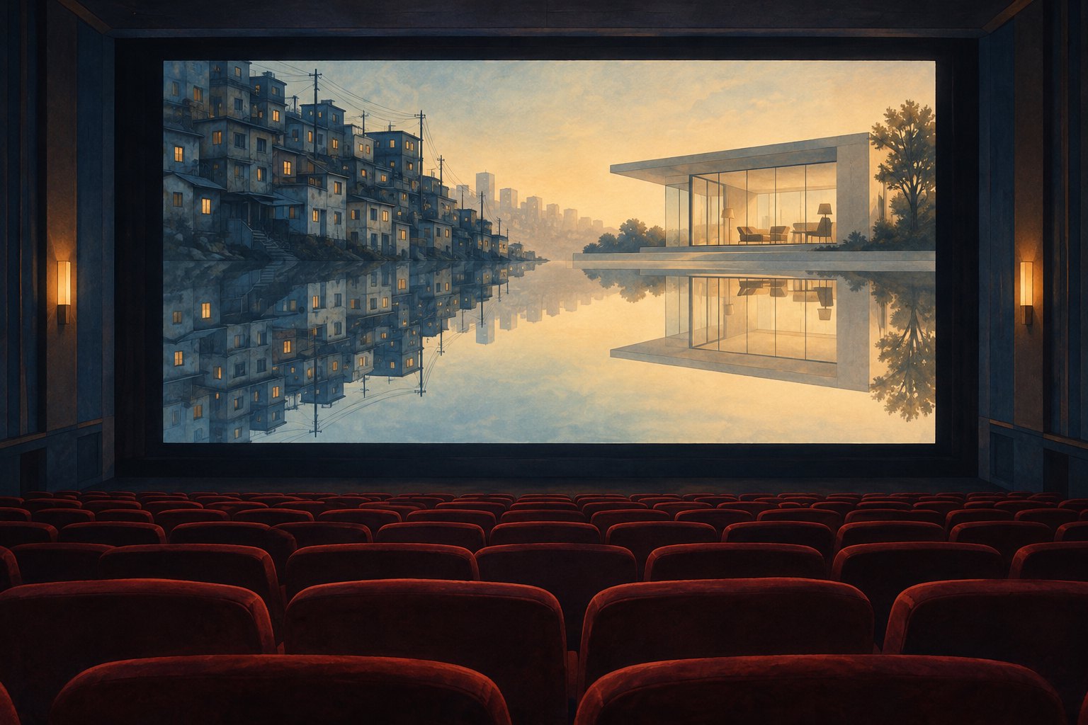 Conceptual illustration of an empty cinema facing a screen that contrasts modest housing with a spacious modern home.
