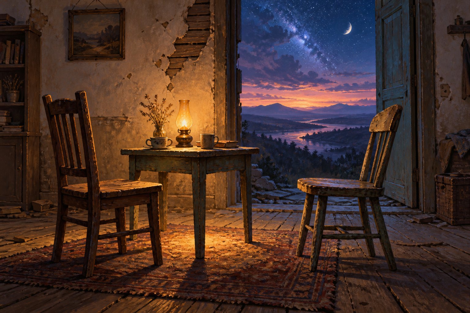 Conceptual illustration of two empty wooden chairs beside a lamplit table, with an open doorway overlooking a vast twilight sky.