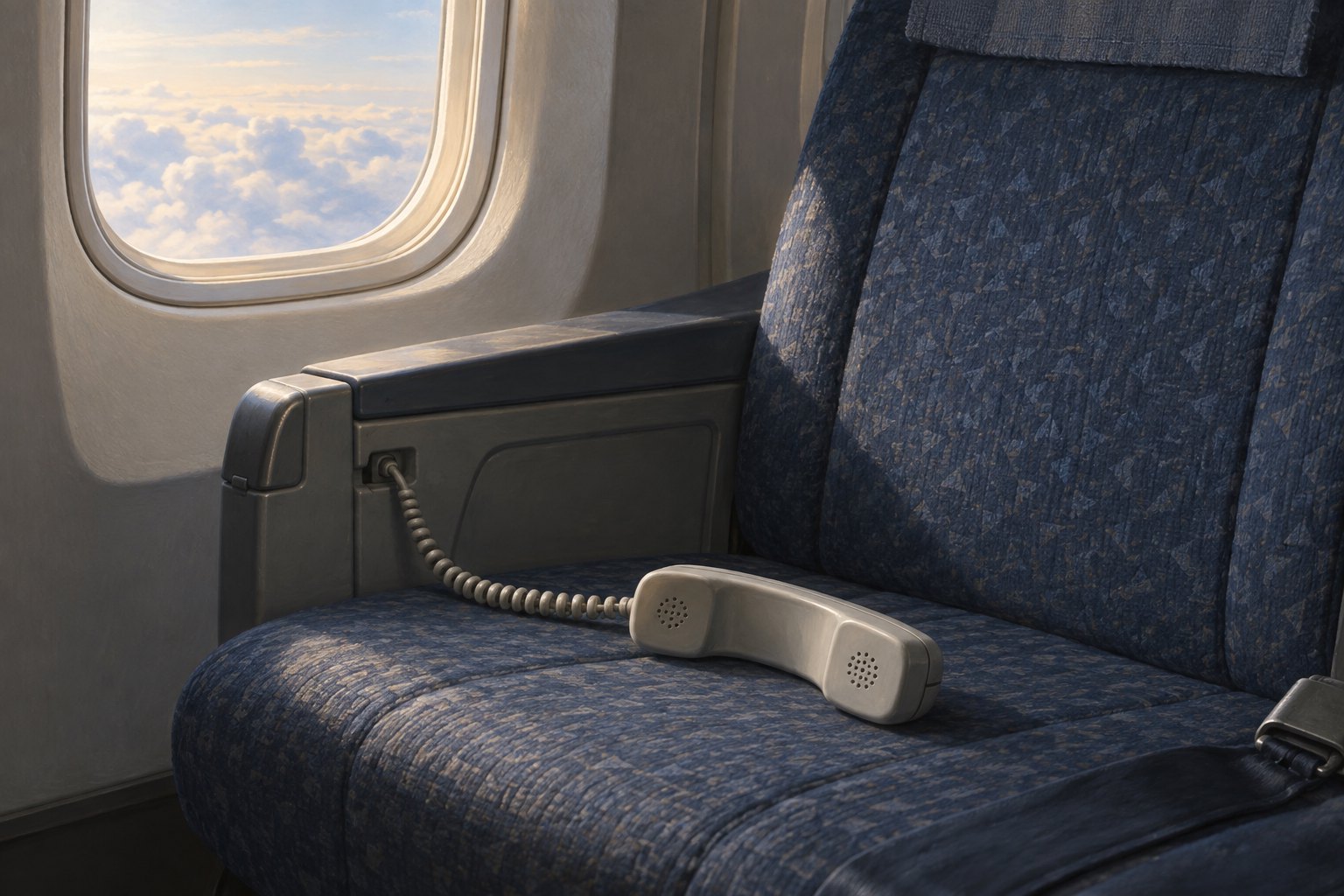 Illustration of a corded telephone handset resting on an empty blue airplane seat beside a sunlit window.