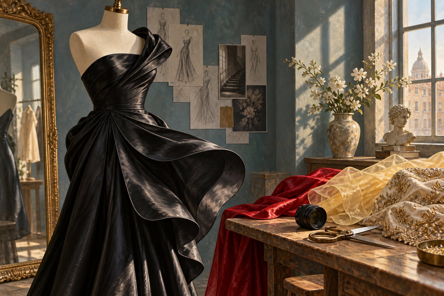 Conceptual illustration of a sculptural black dress on a mannequin beside colorful fabrics and a camera lens in a sunlit studio.