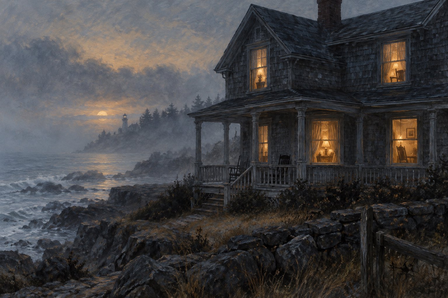 Painterly illustration of a weathered coastal house with glowing windows beside a foggy sea at dusk.