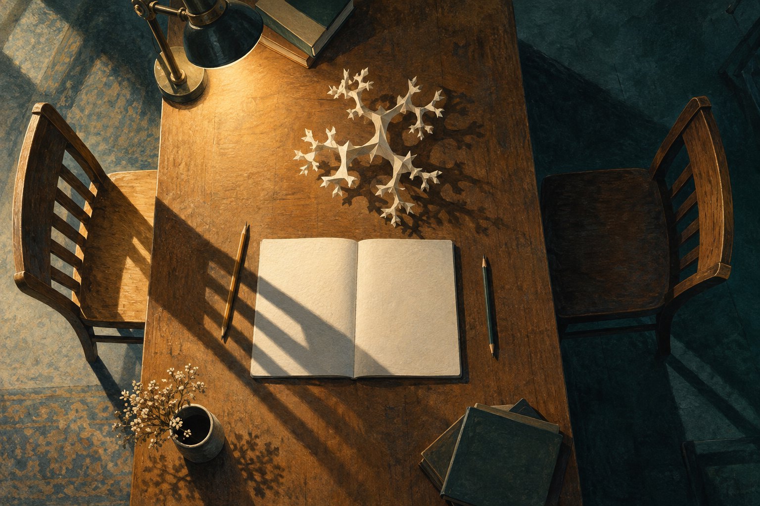 Conceptual illustration of two empty chairs beside a study desk, with a long shadow crossing an open notebook and a branching paper sculpture.