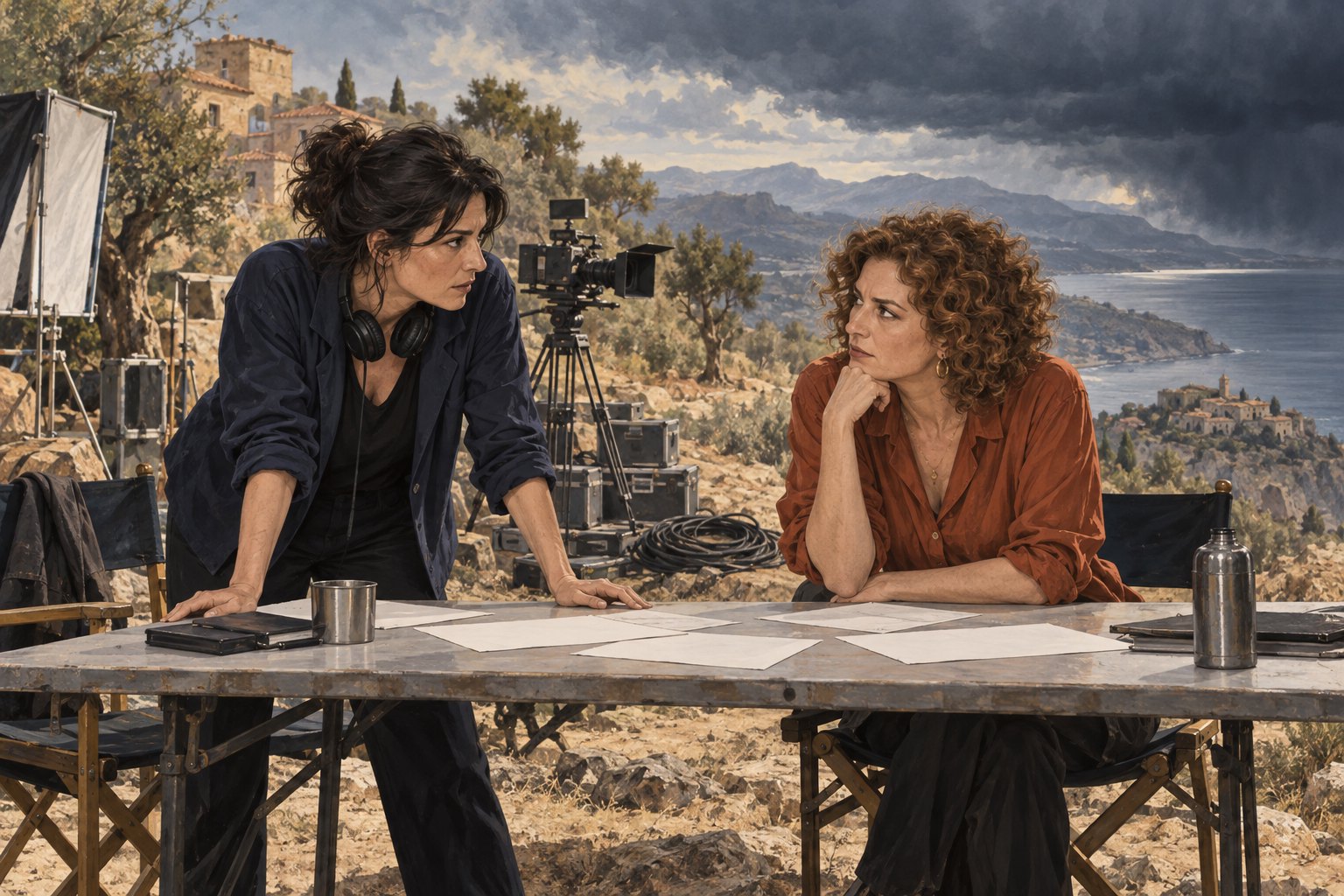 Conceptual illustration of a director and producer facing each other across a worktable on a Mediterranean film location beneath gathering storm clouds.