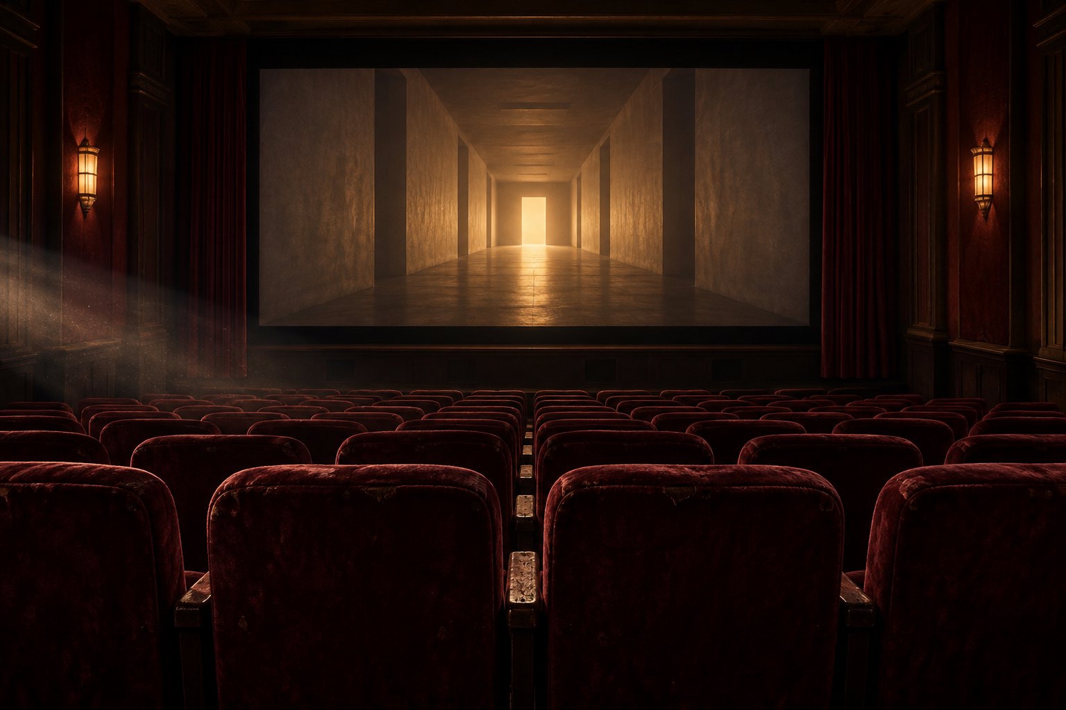 Conceptual illustration of an empty movie theater with burgundy seats and a shadowy corridor projected on its screen.