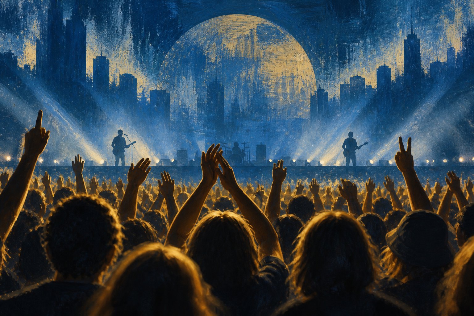 Conceptual illustration of a concert crowd raising their hands toward two distant musicians on a blue-lit stage.