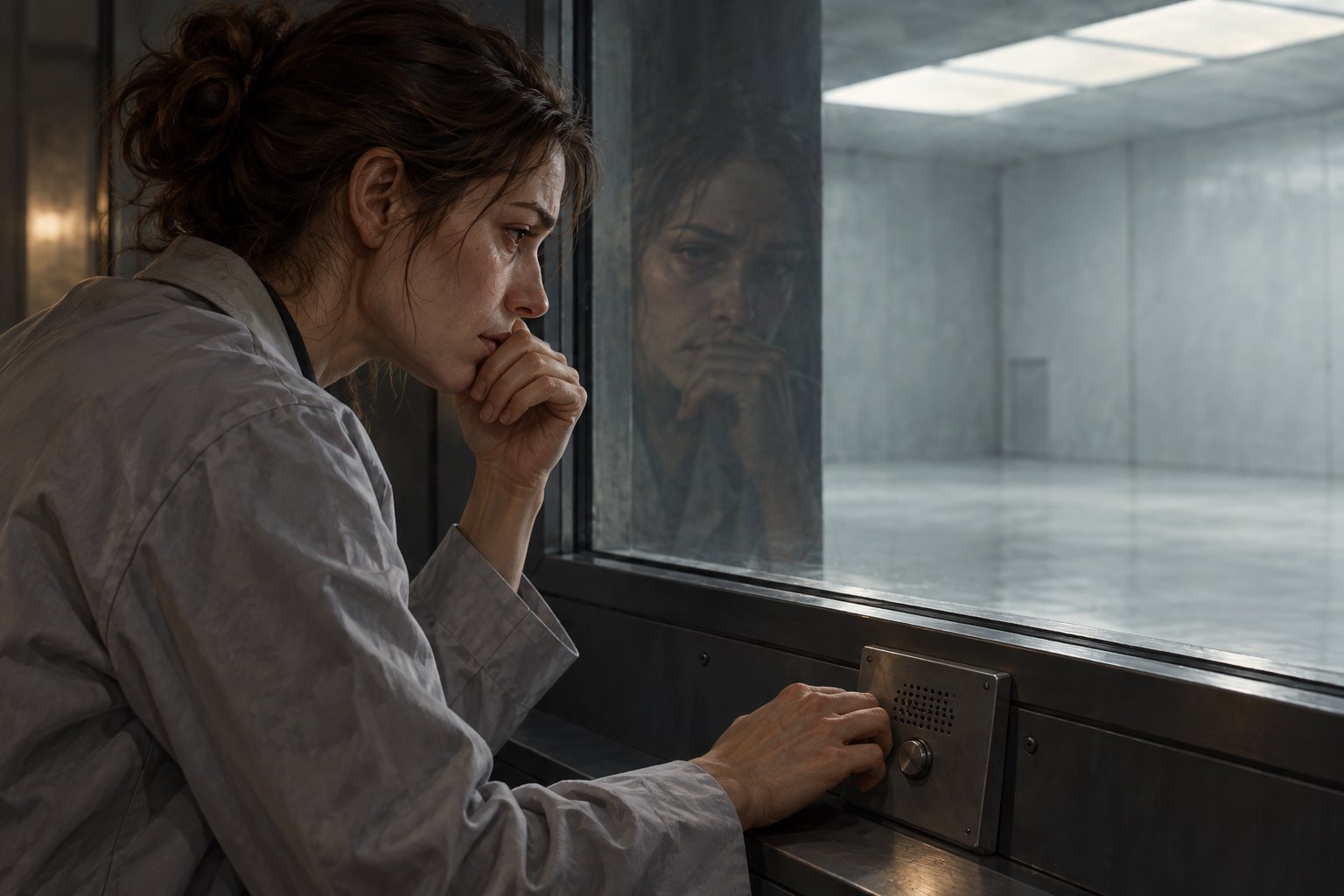 Conceptual illustration of a concerned researcher beside an observation window, with one hand near an intercom.