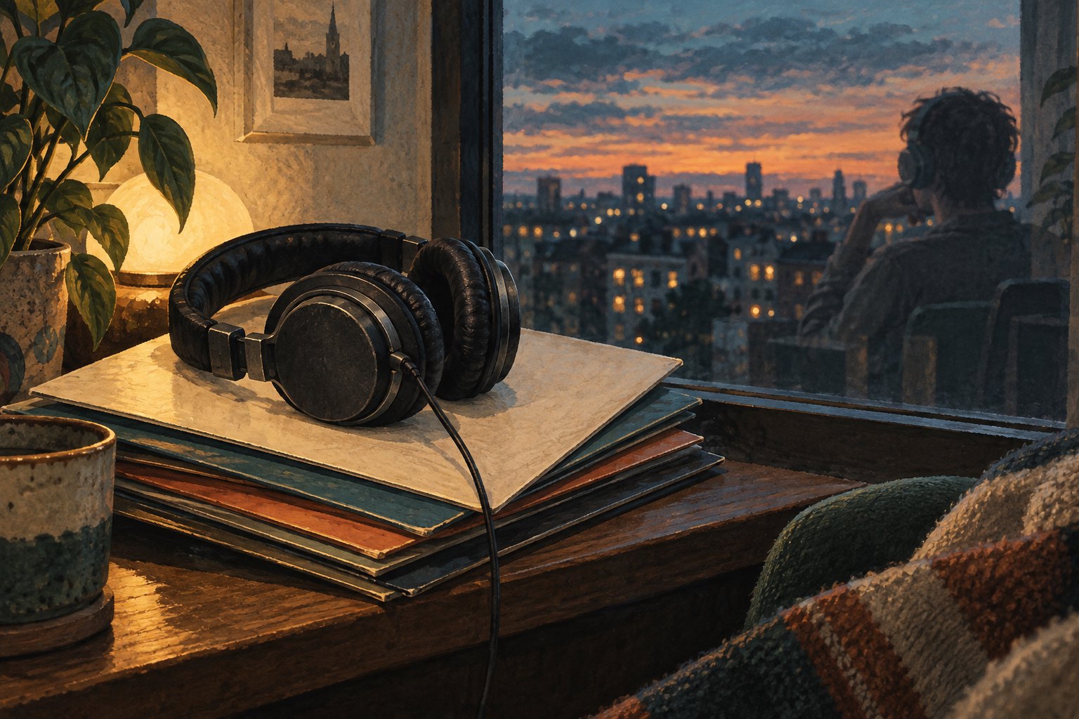 Illustration of worn headphones resting on plain record sleeves beside a dusk window reflecting a seated listener.