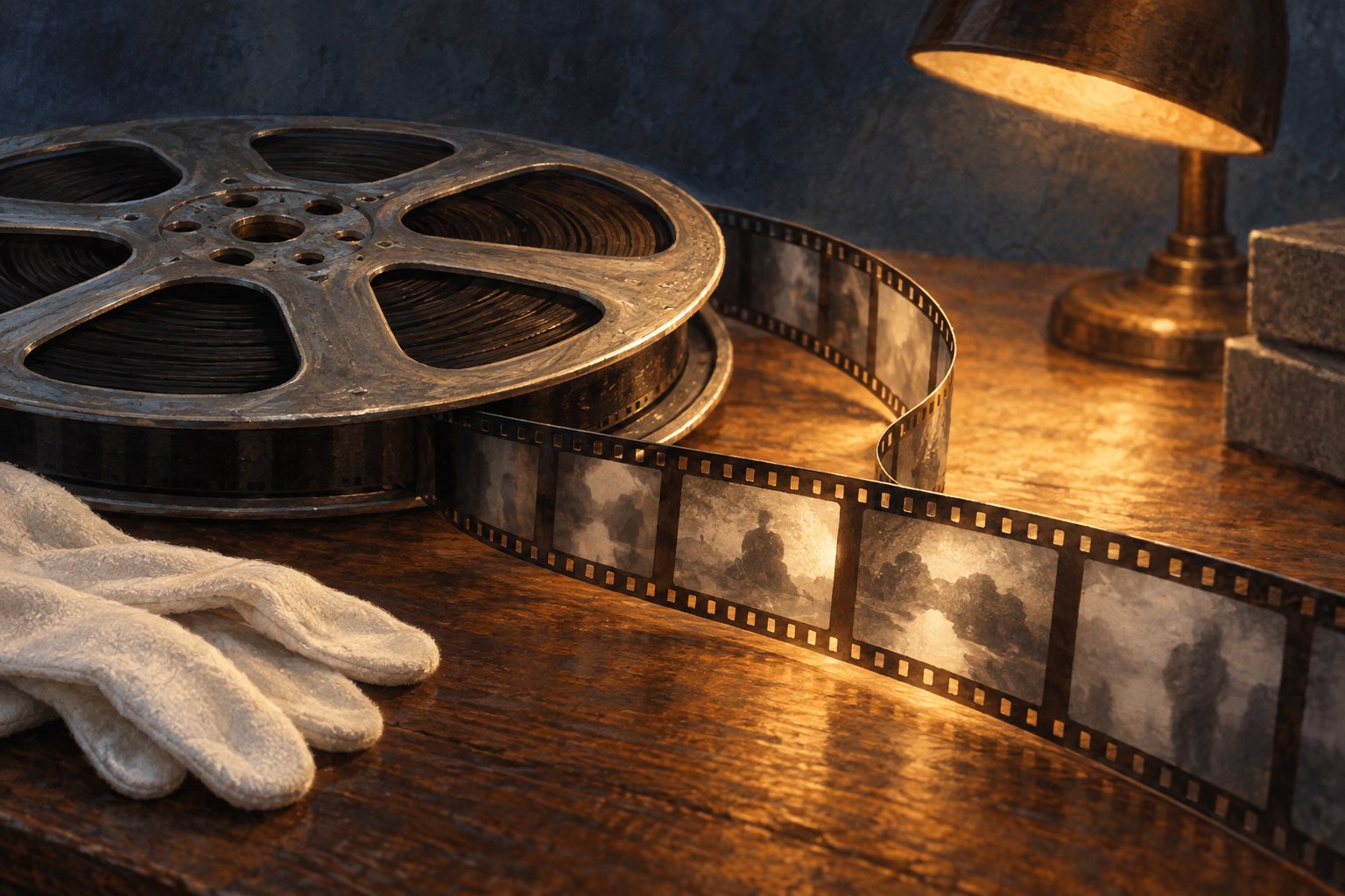 Conceptual illustration of an archival film reel, a curling filmstrip, and white gloves beneath a warm desk lamp.