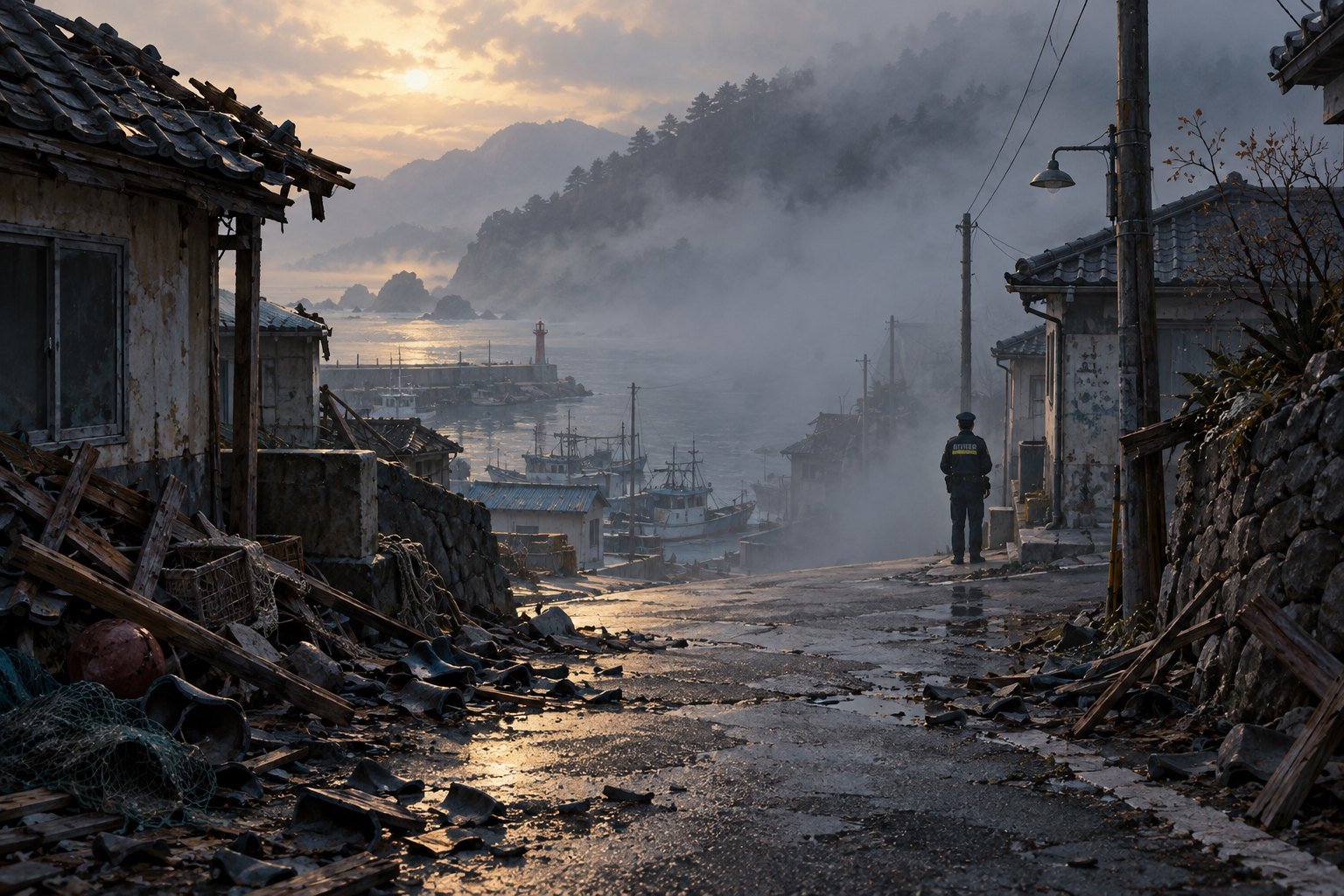Concept illustration of a lone police officer overlooking a damaged coastal village street and a misty harbor.