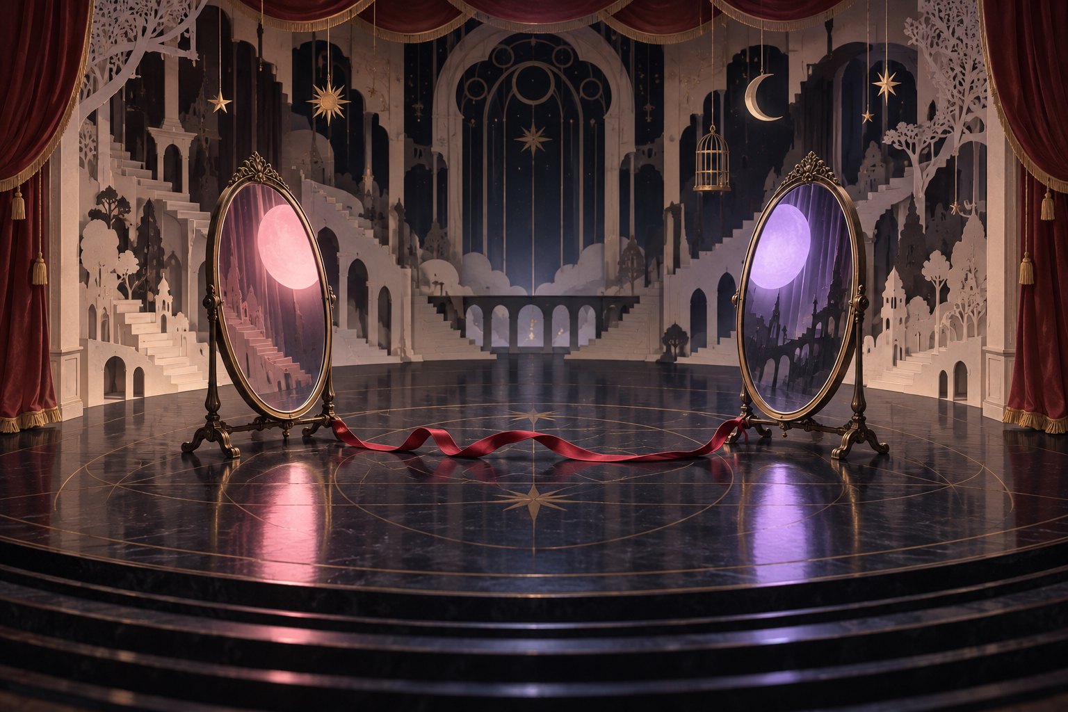 Conceptual illustration of two oval mirrors reflecting pink and violet light on a miniature theater stage, with a red ribbon between them.