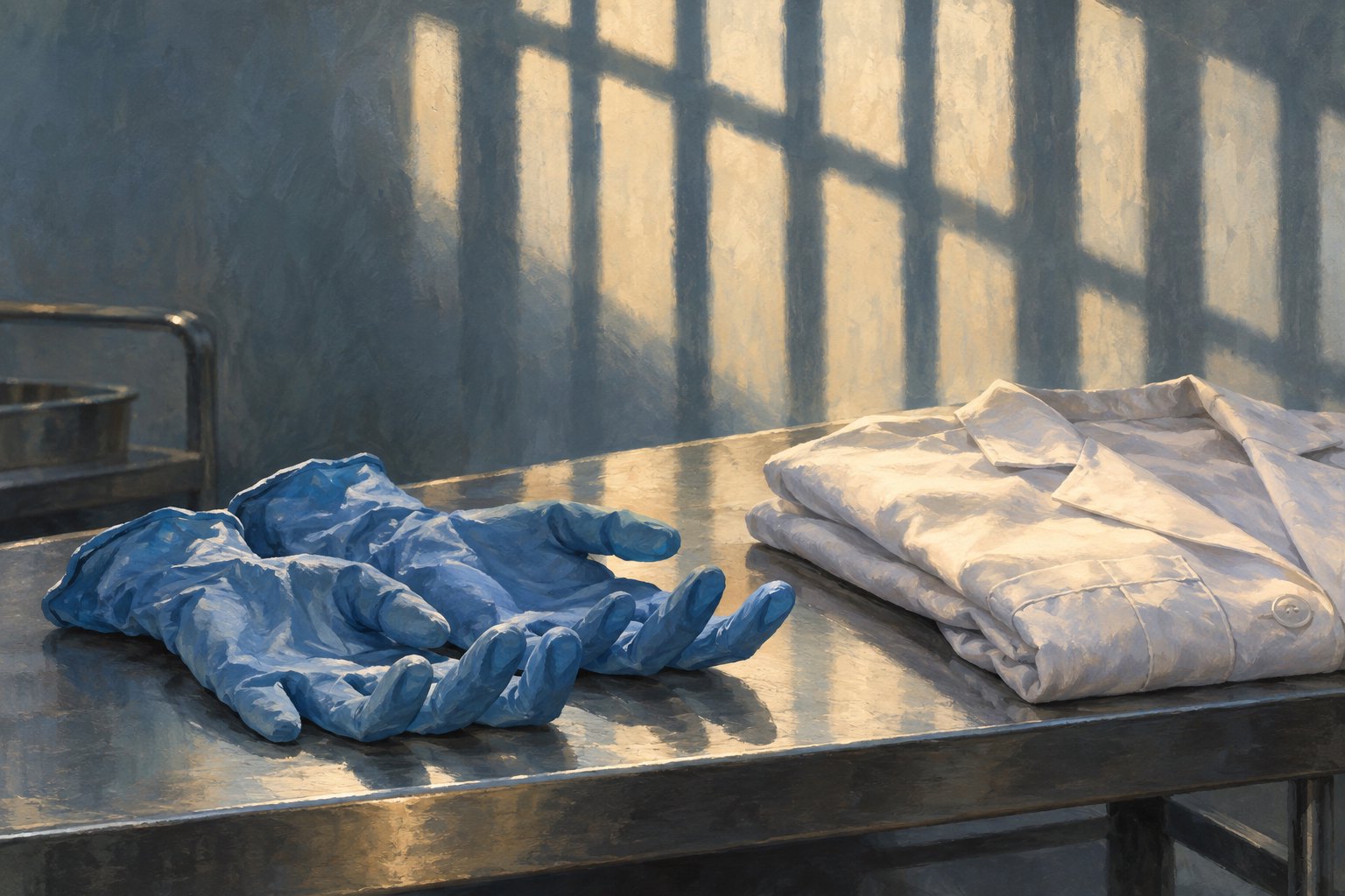 Concept illustration of blue surgical gloves beside a folded white coat on a steel bench beneath window shadows.