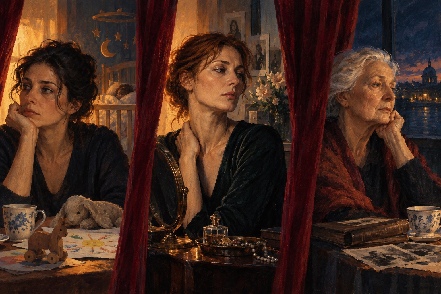 Conceptual illustration of three women separated by burgundy curtains in warm light and deep blue shadows.