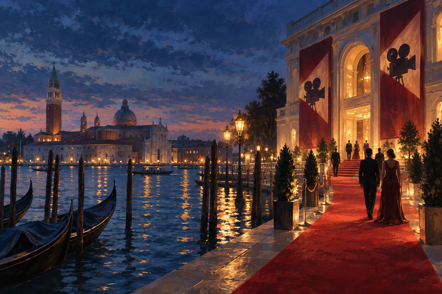 Painterly illustration of a red carpet beside the Venice lagoon at dusk, with guests approaching a warmly lit waterfront building.