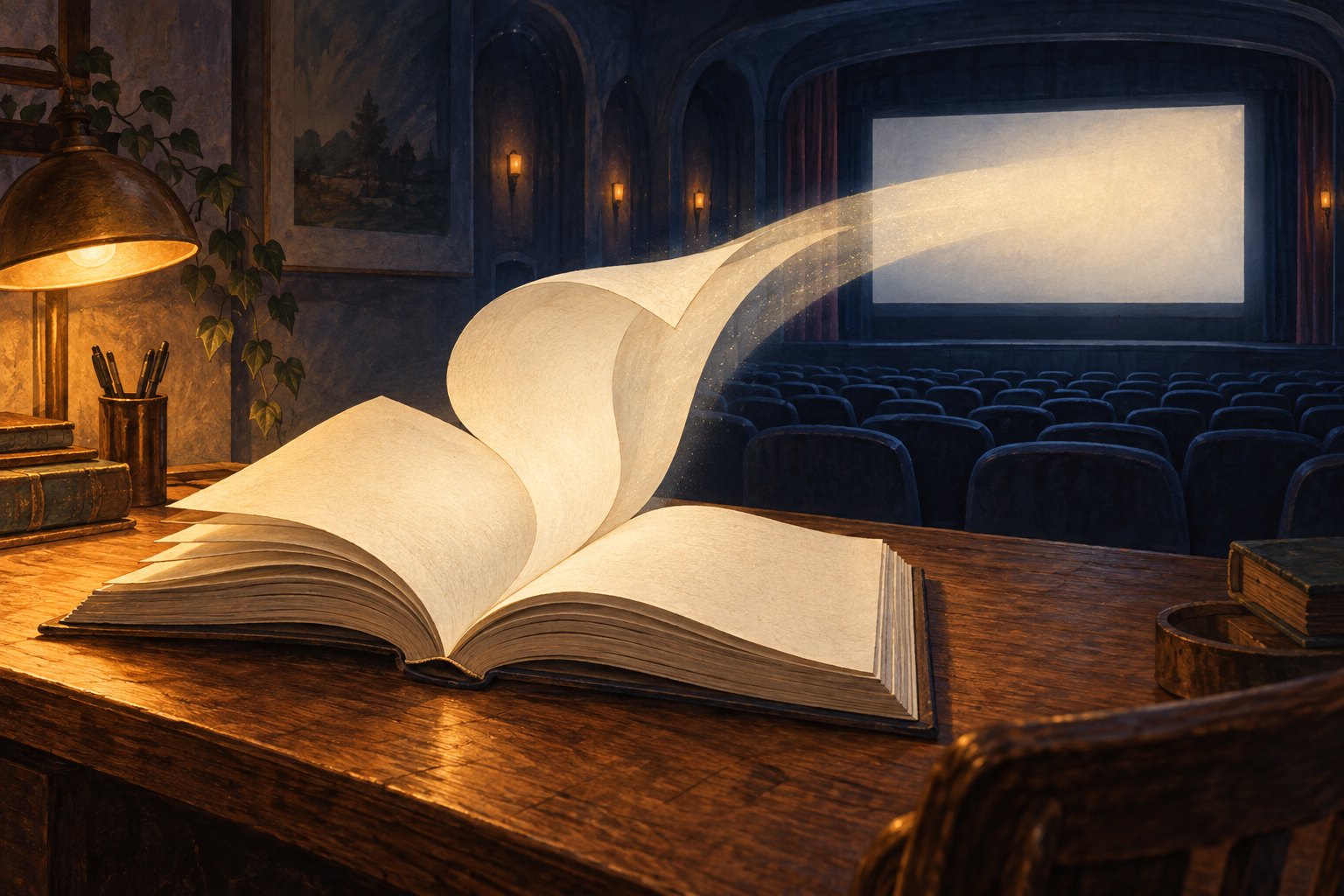 Conceptual illustration of blank book pages becoming a beam of light that reaches an empty cinema screen.
