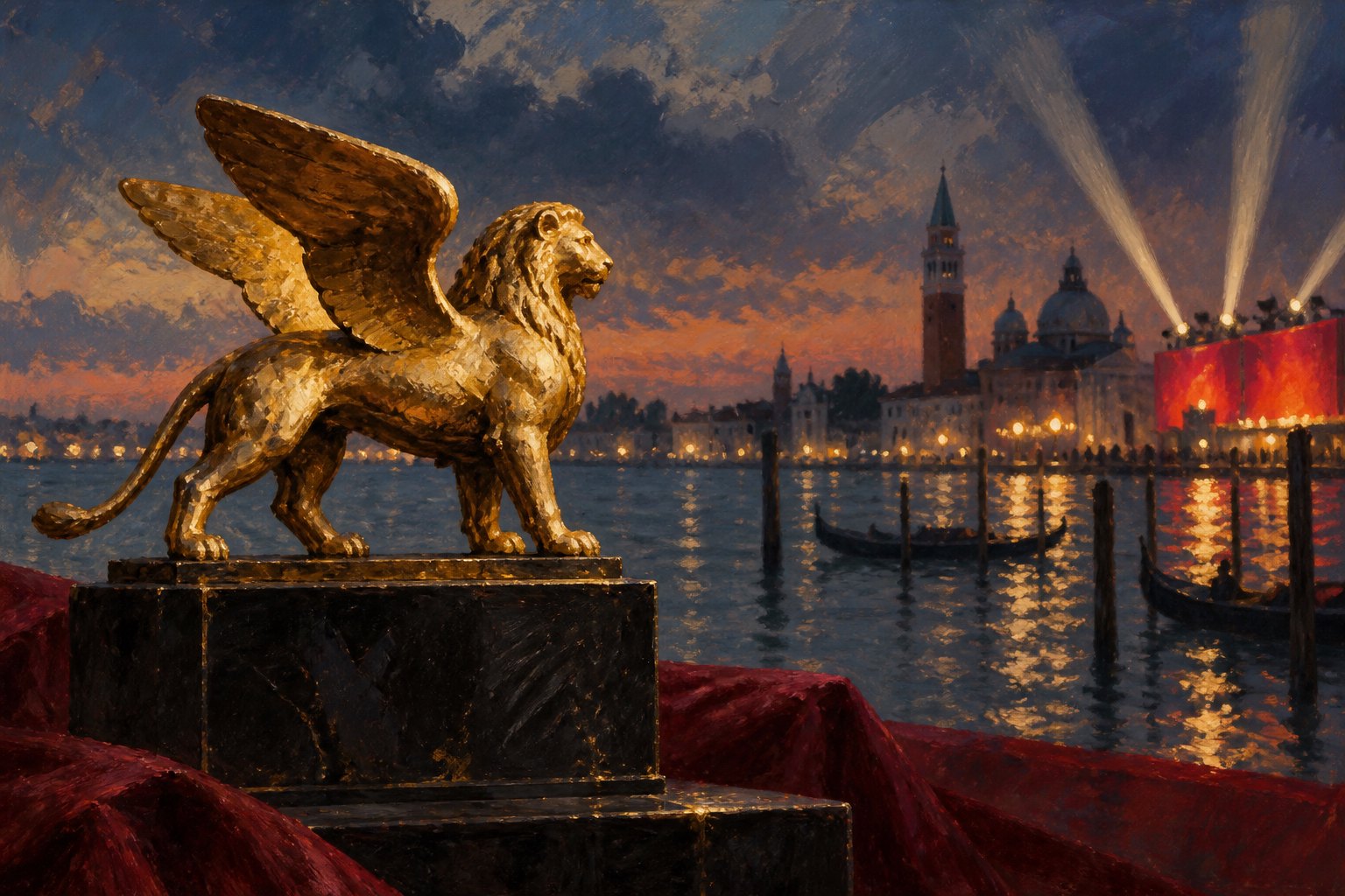 Conceptual illustration of a golden winged lion overlooking a softly lit Venetian lagoon at dusk.