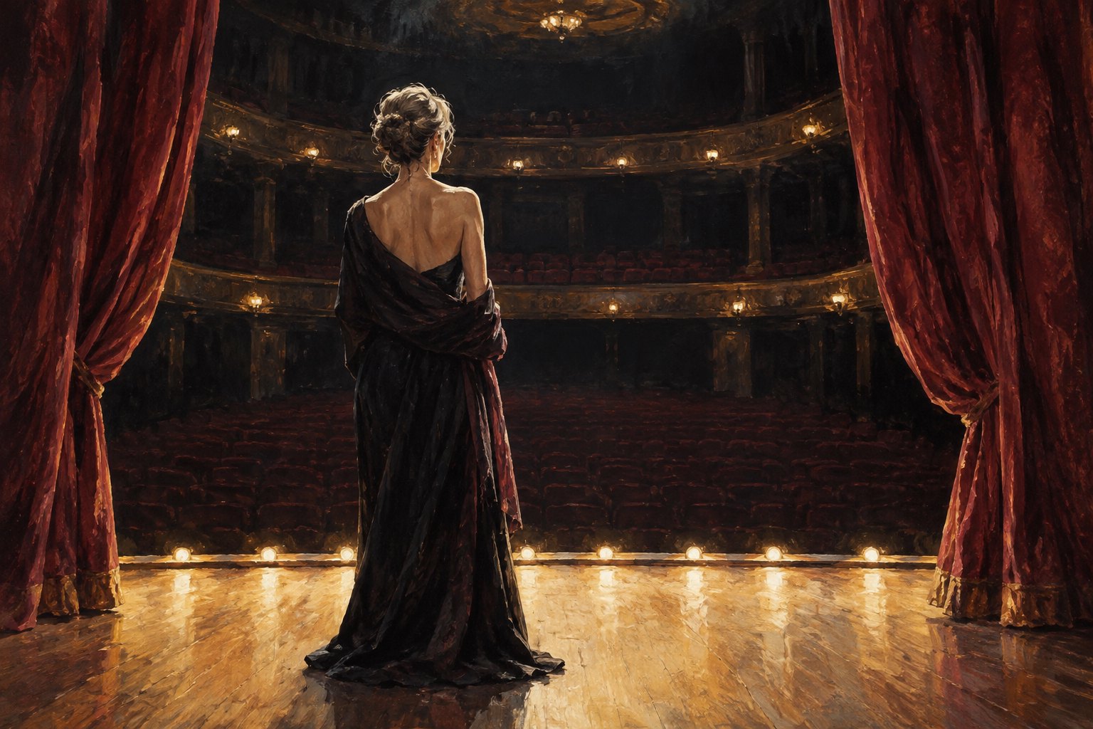 Conceptual illustration of a lone female performer facing an empty theater from a warmly lit stage.
