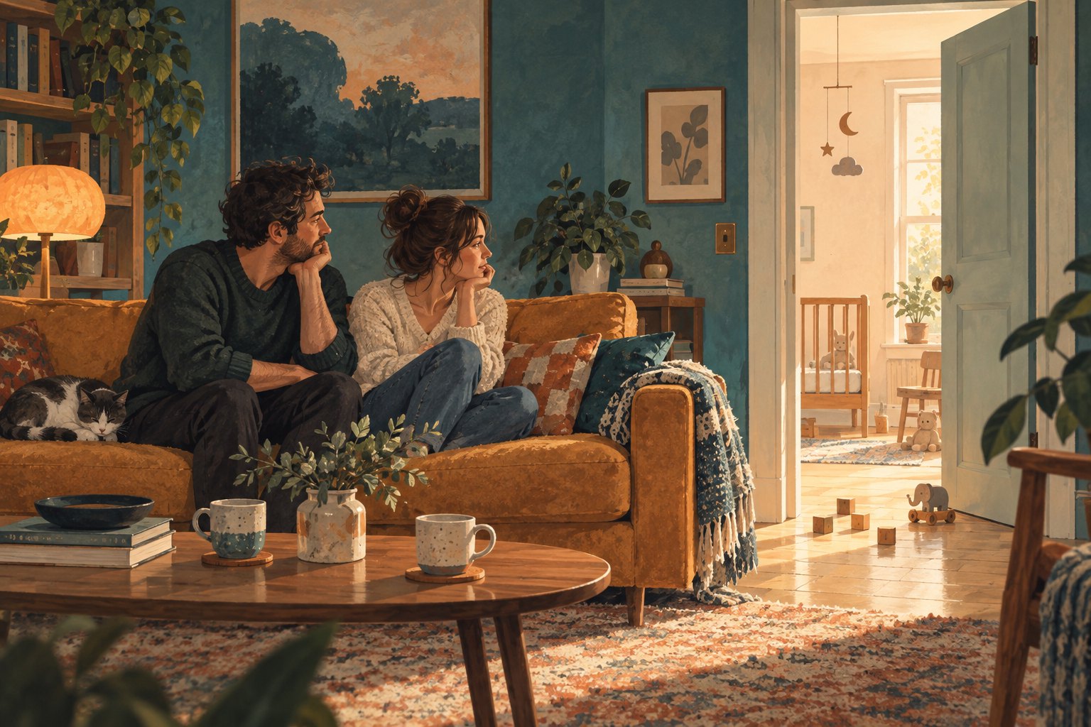 Conceptual illustration of a couple on an ocher sofa looking toward a sunlit nursery, with coffee cups and toys nearby.