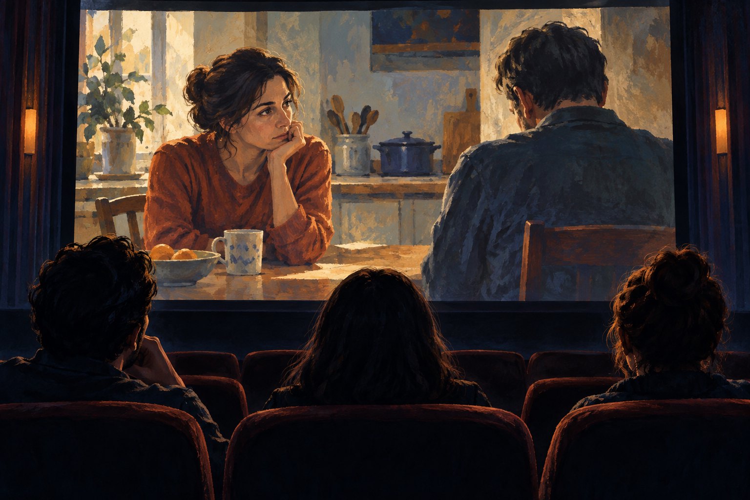Painterly illustration of three cinema viewers watching a fictional, quiet conversation between two adults at a kitchen table.