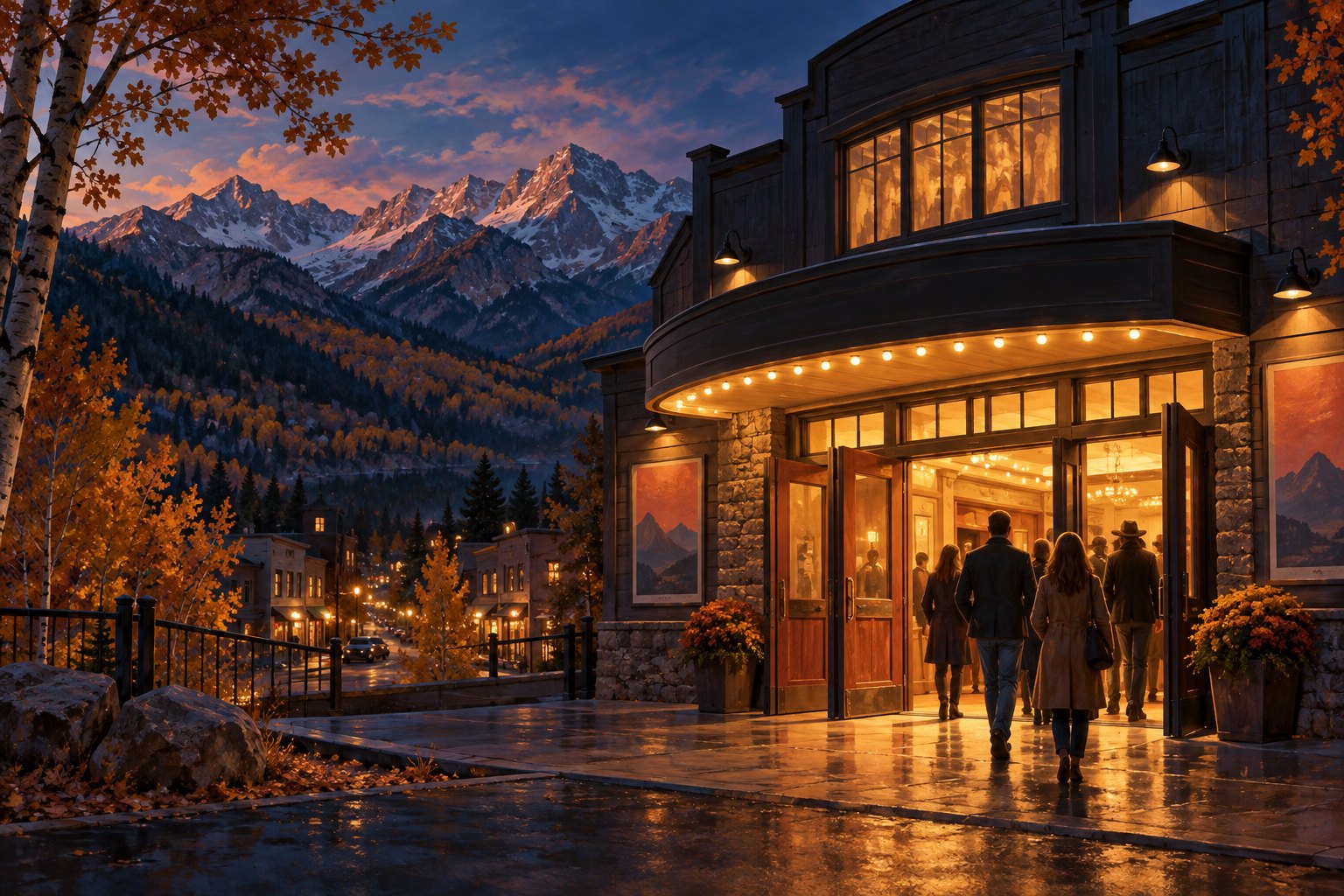 Painterly illustration of moviegoers approaching a warmly lit mountain-town cinema at dusk.