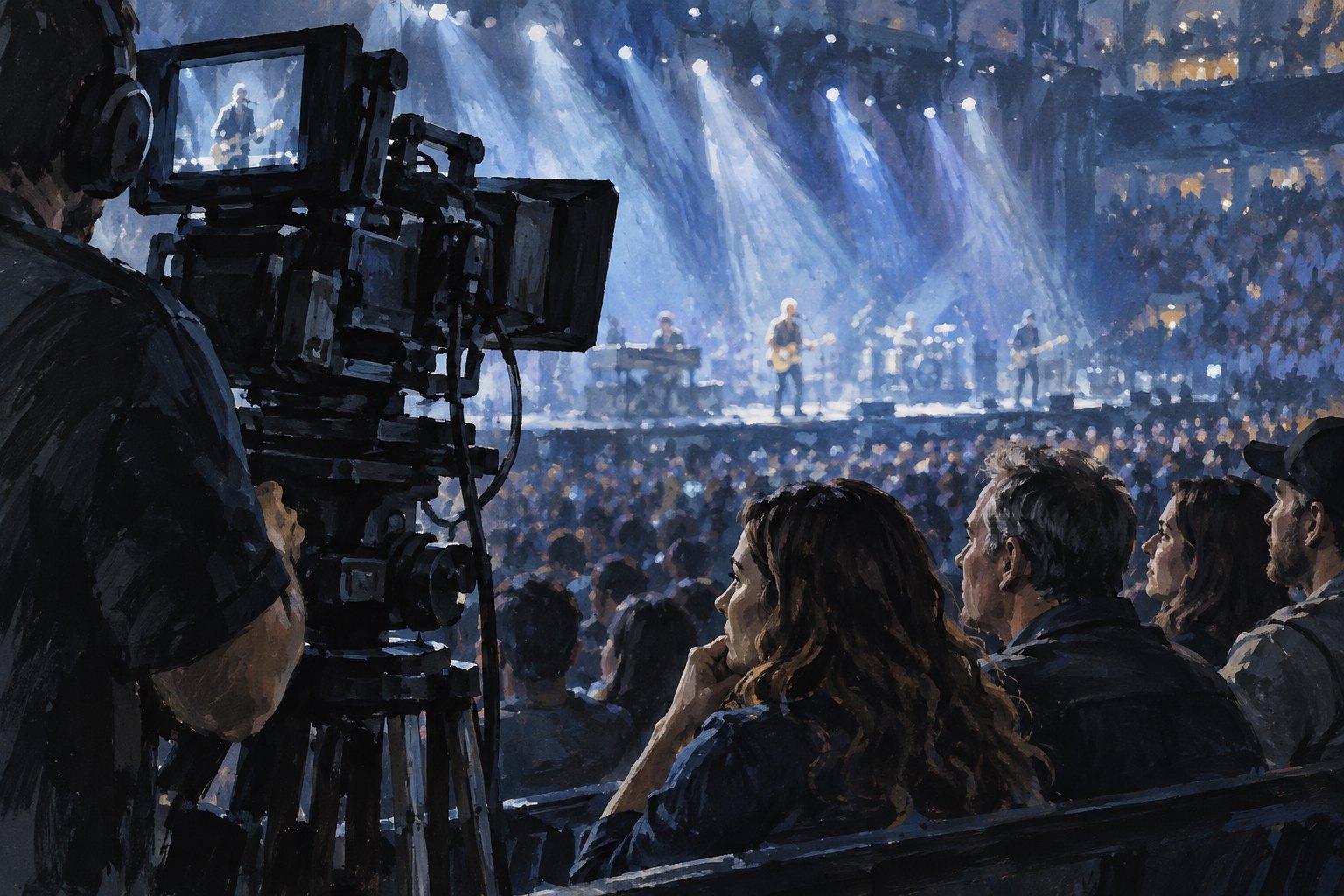Editorial illustration of a cinema camera beside attentive concertgoers, facing a distant stage illuminated in blue.
