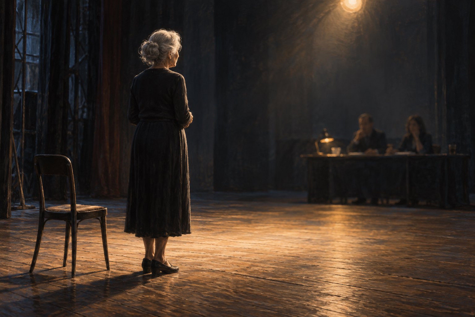 Concept illustration of an elderly actress standing beside an empty chair on a warmly lit stage, facing two seated casting professionals.