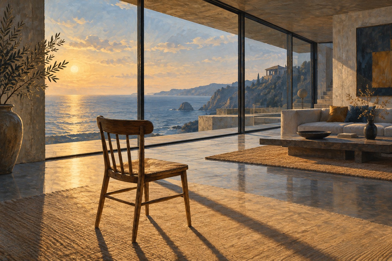 Conceptual illustration of an empty wooden chair in a sunlit modern living room overlooking the sea.