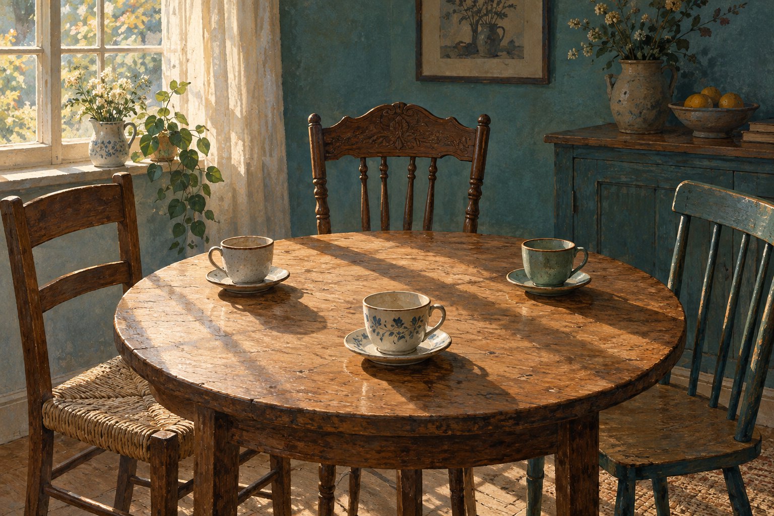 Conceptual illustration of three empty chairs and untouched teacups around a wooden table in morning light.