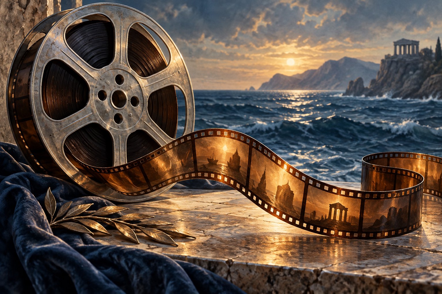 Conceptual illustration of a metal film reel and amber filmstrip beside a sunlit sea and classical ruins.