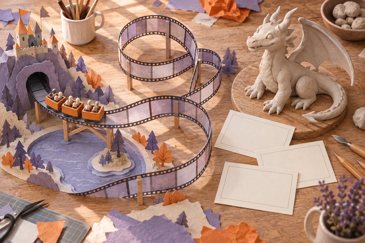 Conceptual illustration of a miniature ride made from curling film beside a clay dragon and blank storyboard cards.