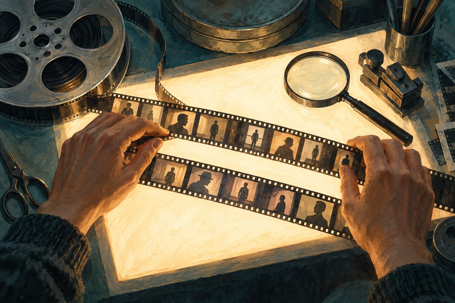 Conceptual illustration of an editor arranging film strips beside metal reels and a magnifying glass on an illuminated editing table.