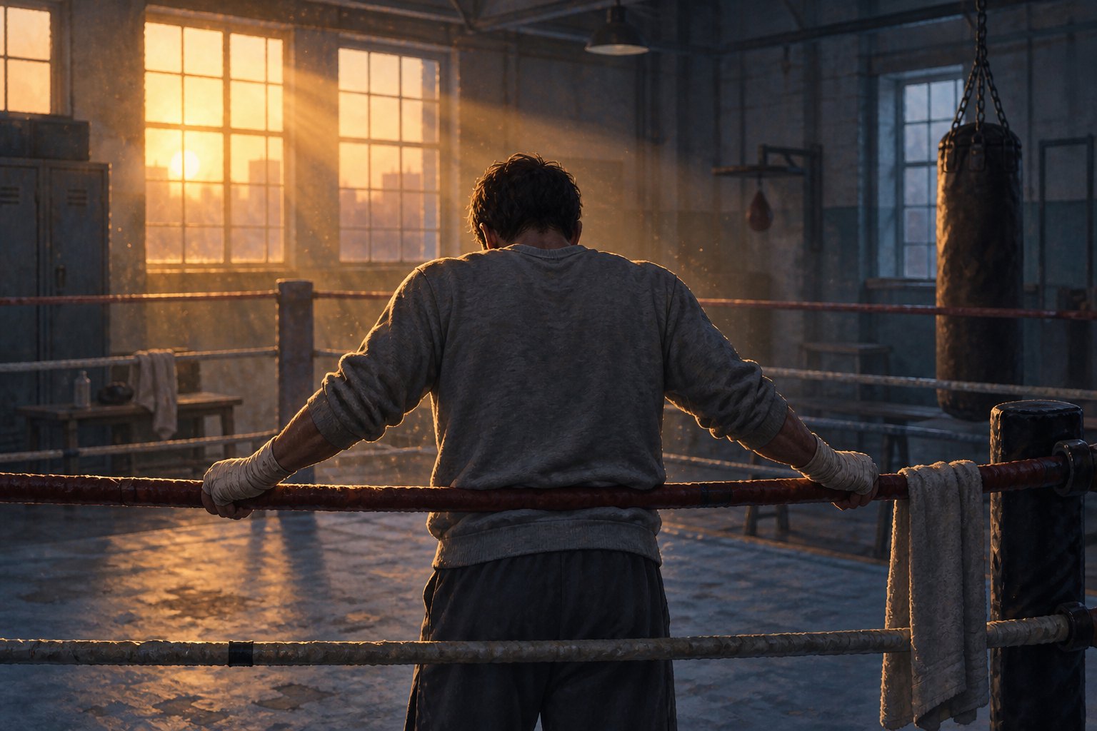 An anonymous boxer rests wrapped hands on the ropes of an empty neighborhood boxing ring in golden morning light.