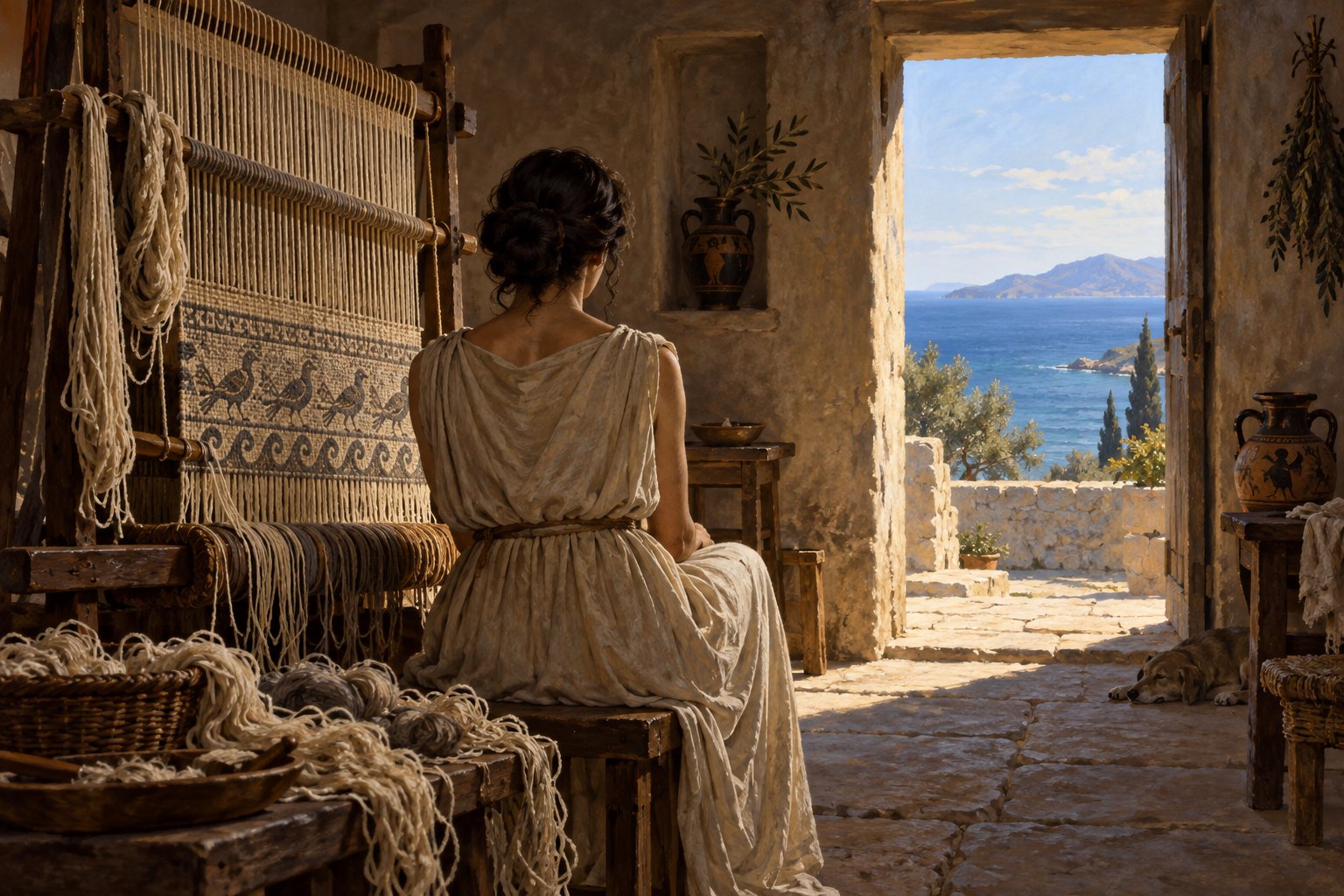 Original illustration of a woman seated beside a wooden loom in a stone room overlooking the sea, evoking Penelope’s long wait.