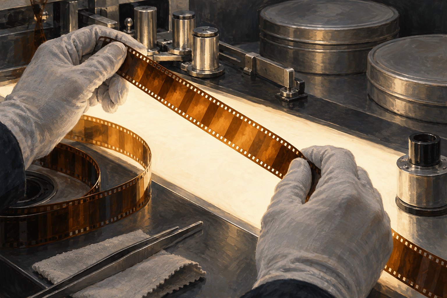 Editorial illustration of gloved hands inspecting an amber filmstrip above an illuminated workbench with metal rollers and canisters.