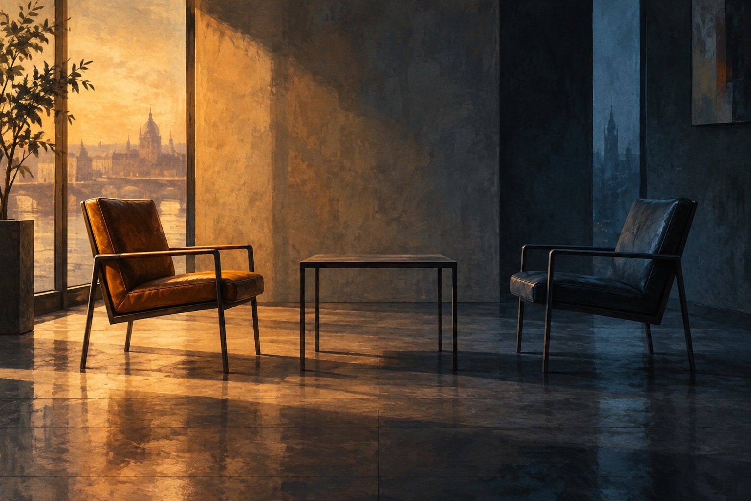 Conceptual illustration of two empty chairs facing a small table, divided between warm window light and cool shadow.