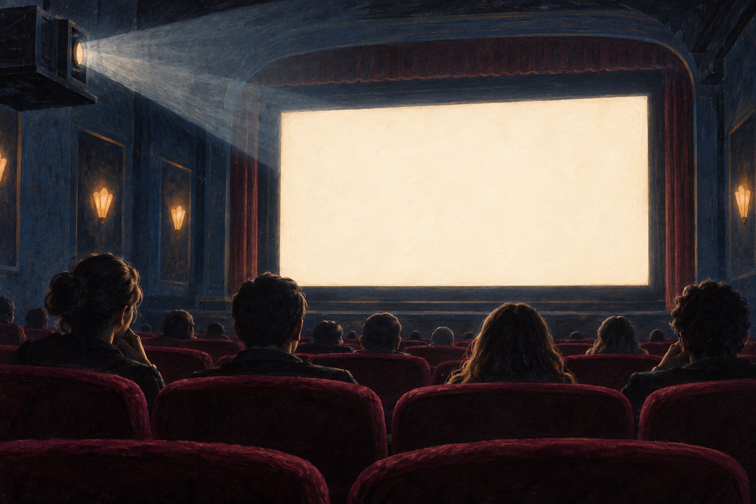 Conceptual illustration of an audience facing a blank illuminated screen inside an imagined movie theater.
