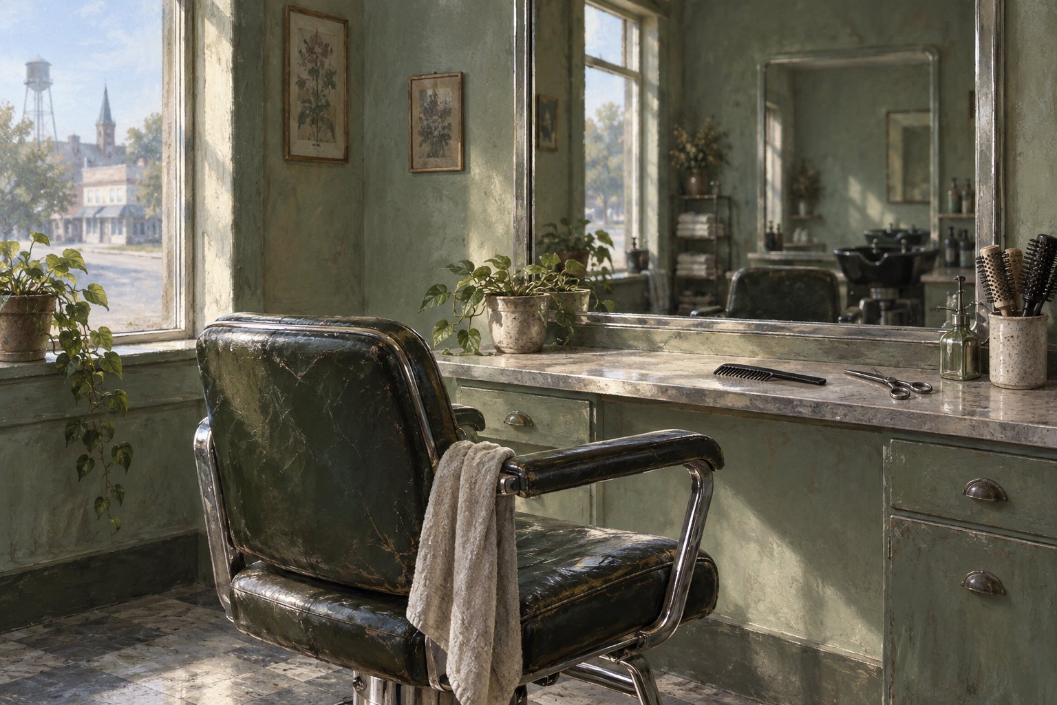 Conceptual illustration of an empty salon with a worn styling chair, mirrors, and scissors in soft daylight.