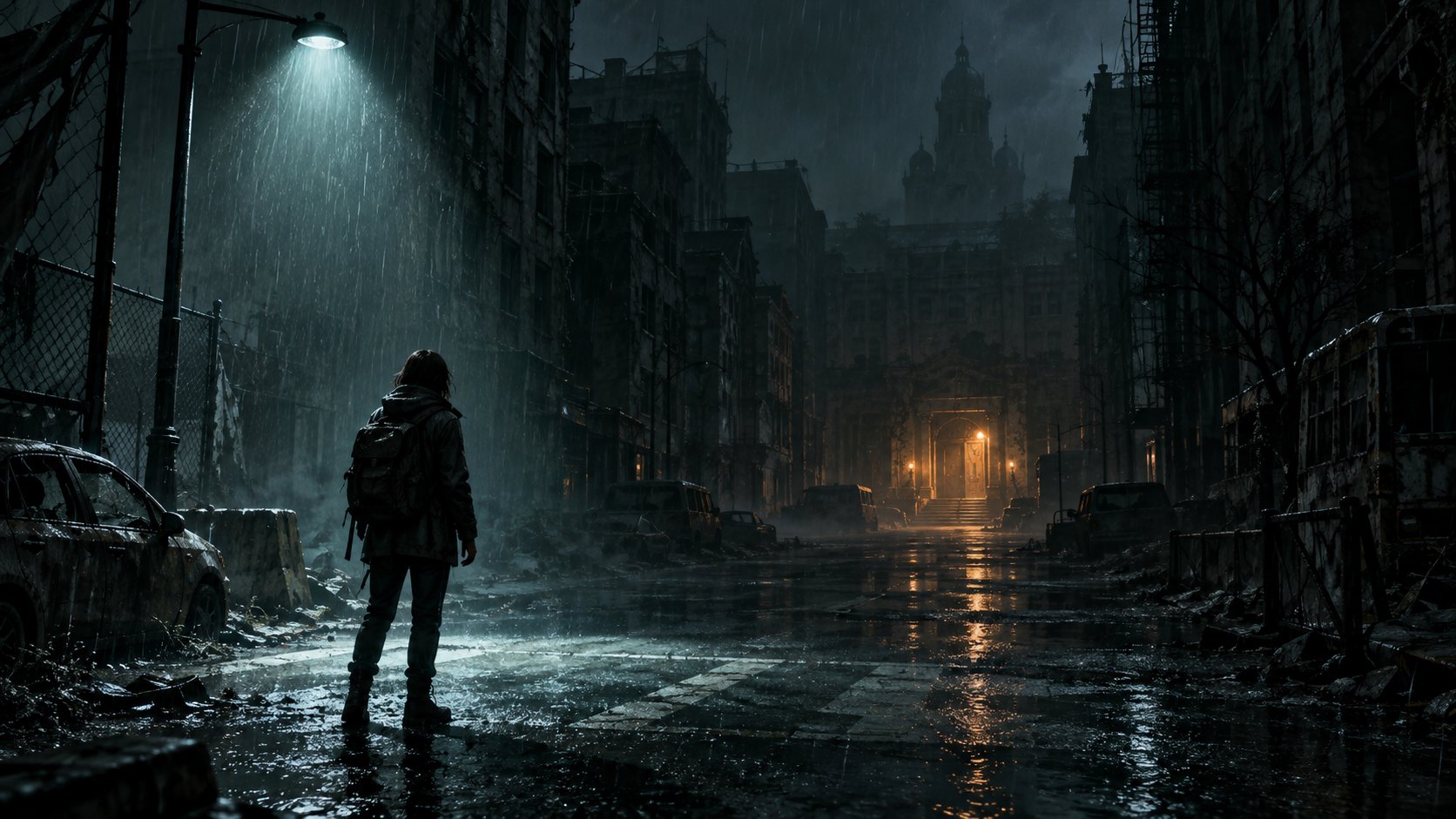 原創情境插畫:孤身行人站在雨夜街道的冷光下,望向遠處亮著暖光的門口,非電影劇照