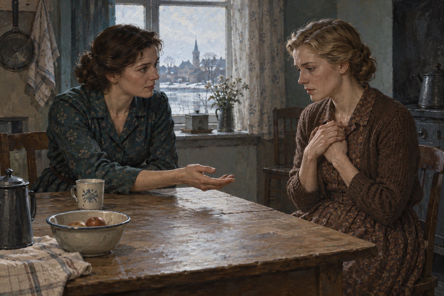 Conceptual illustration of two women in a period kitchen, one extending her hand while the other holds her hands close.