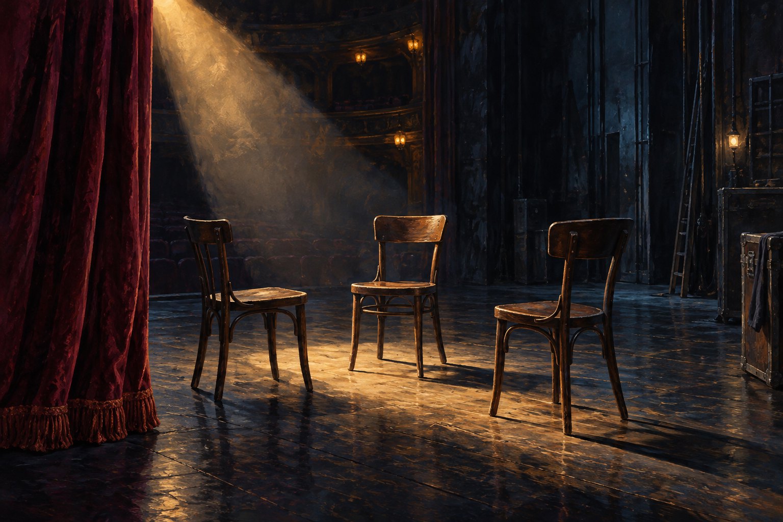 Conceptual illustration of three empty wooden chairs under a warm spotlight on a dark theater stage.