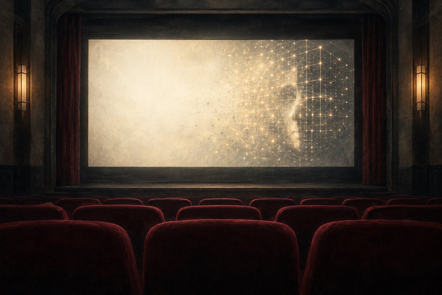 Conceptual illustration of an empty cinema with burgundy seats and an abstract network of light across its screen.