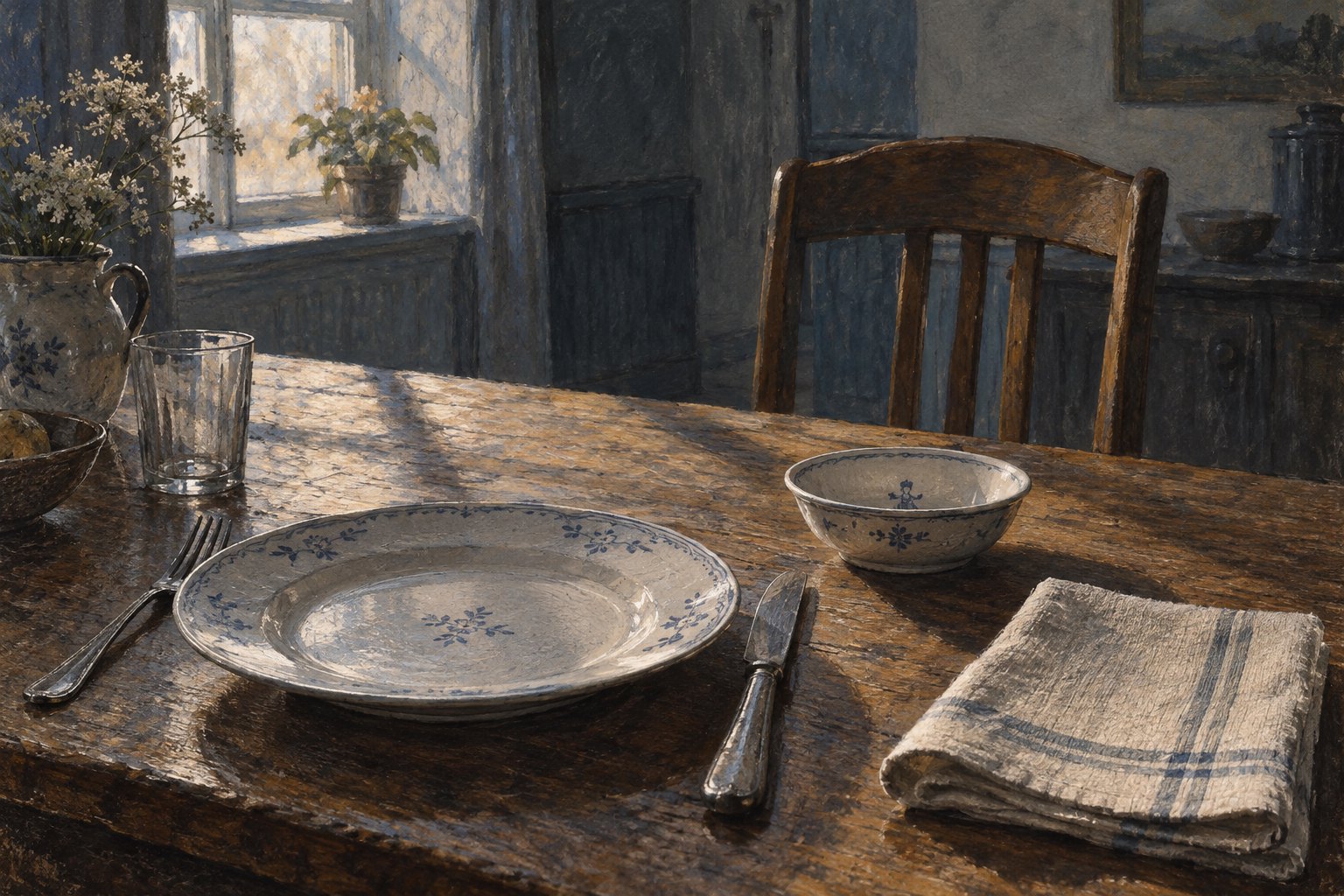 Conceptual illustration of a porcelain plate, a small bowl, and folded linen on a wooden table beside an empty chair.