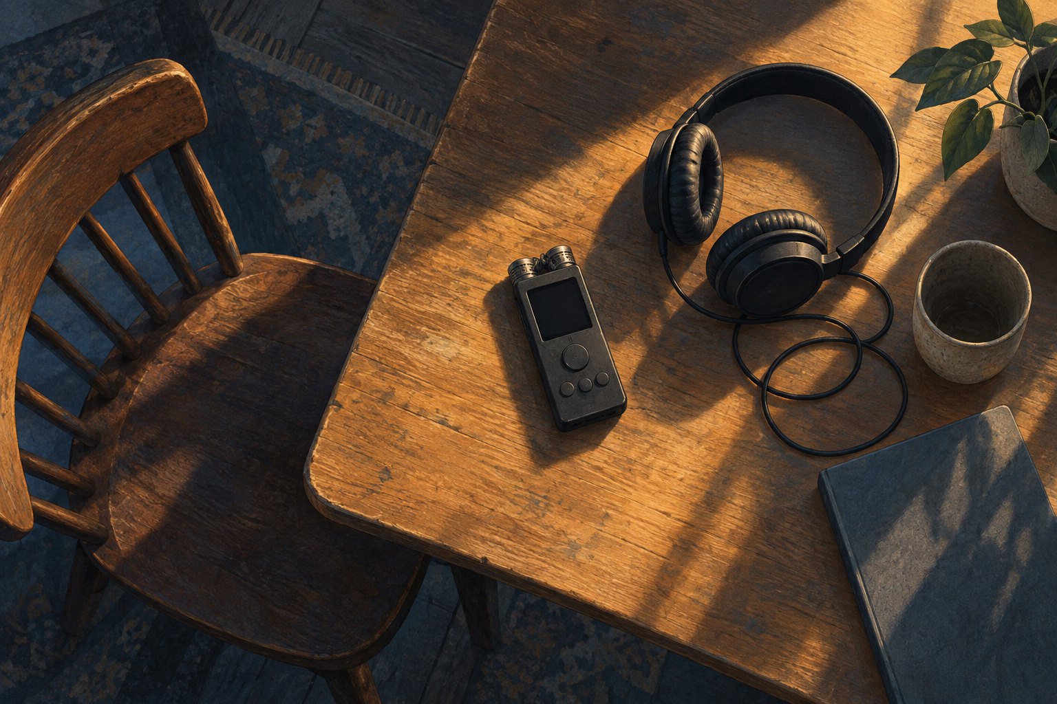 Conceptual illustration of an audio recorder and headphones on a sunlit wooden table beside an empty chair.