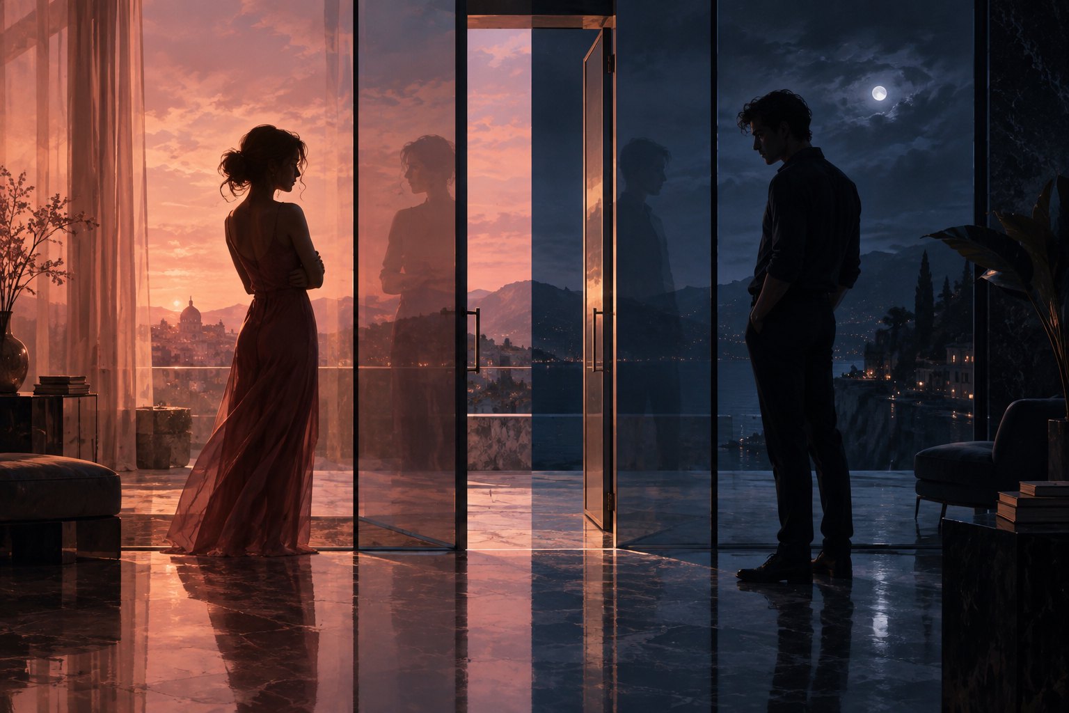 Symbolic illustration of two adults separated by reflective glass, with warm sunset light on one side and blue moonlight on the other.