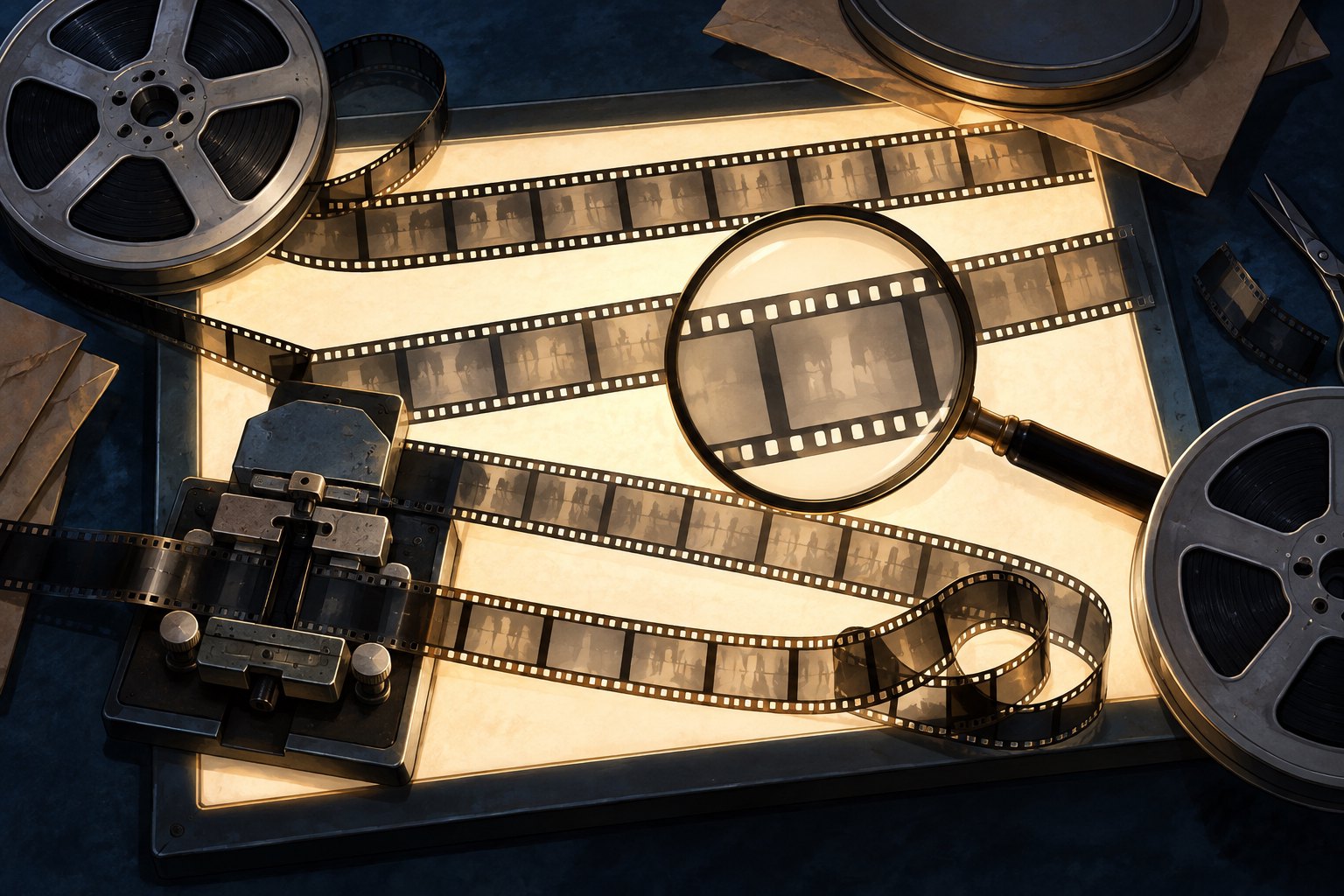 Symbolic illustration of film strips, a magnifying glass, and reels on an illuminated editing table.